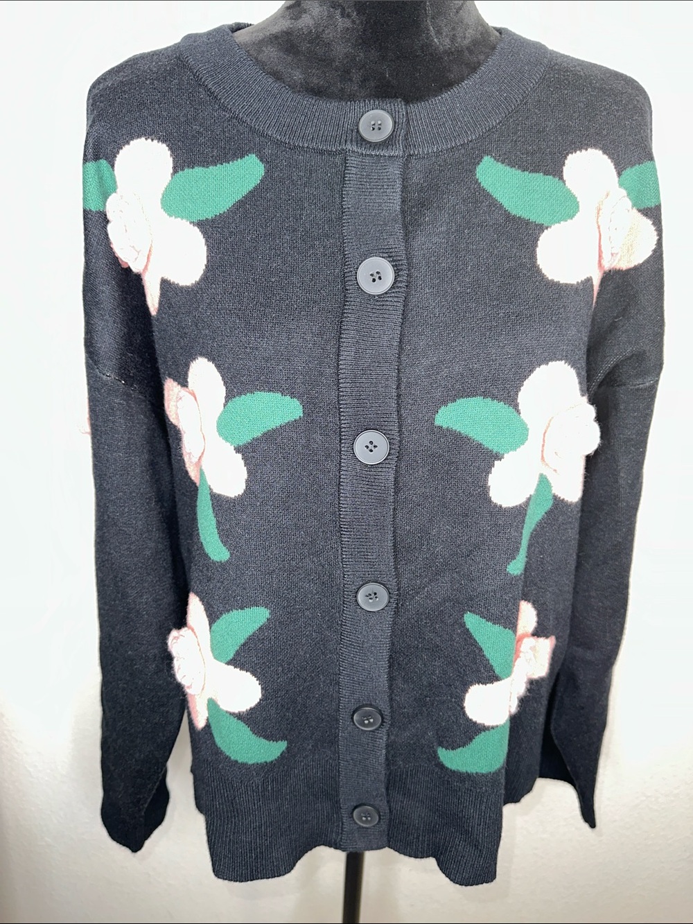 Love By Design Black Cardigan with White & Green Floral Motif